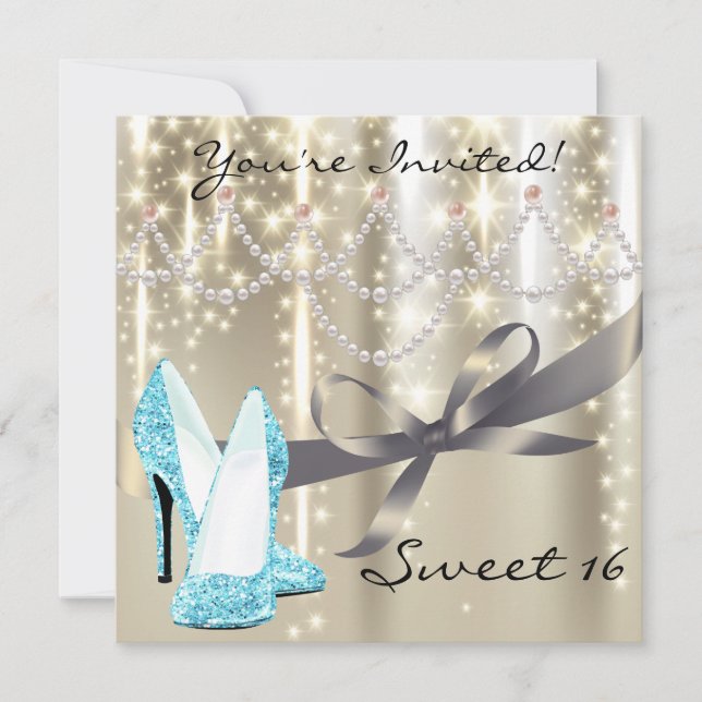 Guld Glimmer Blue Glitter Shoes Sweet sixteen Inbjudningar (Framsida)