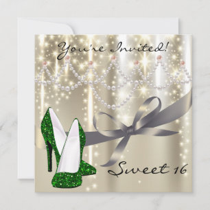 Guld Glimmer Emerald Glitter Shoes Sweet sixteen Inbjudningar