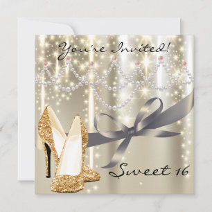 Guld Glimmer Guld Glitter Shoes Sweet sixteen Inbjudningar