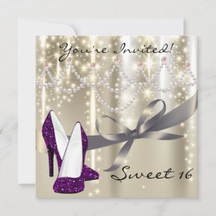 Guld Glimmer Lila Glitter Shoes Sweet sixteen Inbjudningar