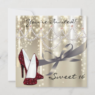 Guld Glimmer Red Glitter Shoes Sweet sixteen Inbjudningar