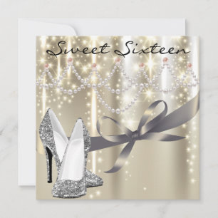 Guld Glimmer Silver Shoes Sweet sixteen Inbjudningar