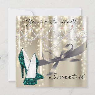 Guld Glimmer Teal Glitter Shoes Sweet sixteen Inbjudningar
