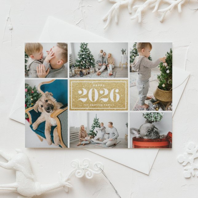 Guld Glitter 2025 Gott nytt år Fotokollage Julkort (Send 2026 new year cheer with this photo collage Happy New Year Card featuring faux gold glitter. )