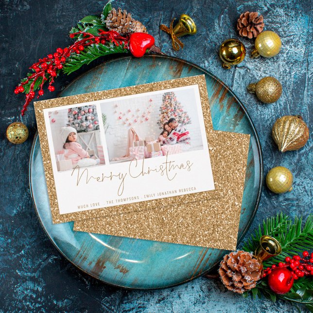 Guld Glitter 2-fotoskriptkort för God jul (Skapare uppladdad)