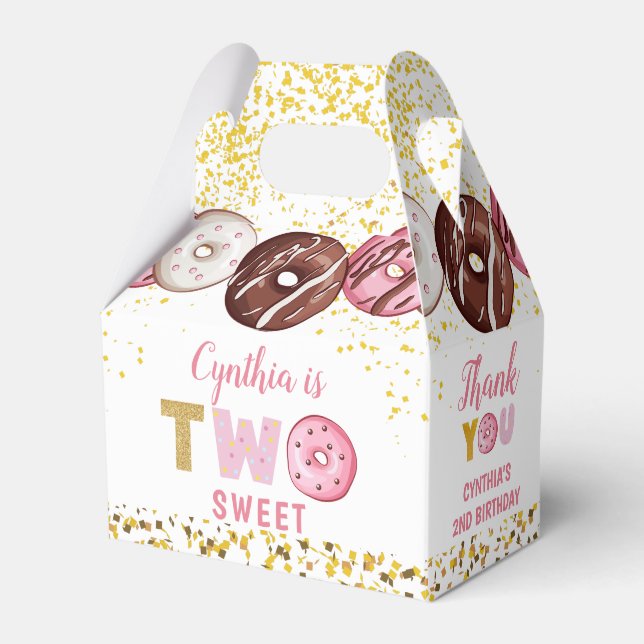 Guld Glitter 2 Sweet Donut 2:a födelsedagen Party Presentaskar (Framsidan Sidan)