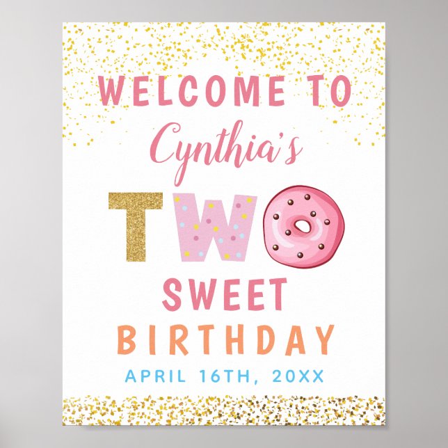Guld Glitter 2 Sweet Donut 2:a födelsedagen Välkom Poster (Framsidan)