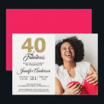 Guld Glitter 40 Fabulous Birthday Diva Rosa Photo Inbjudningar<br><div class="desc">Snyggt, elegant 40-årsfotoinbjudan innehåller ord "40 och Fabulous" i guld glitter och svart chic med kalligrafi och modern typografi. Lägg helt enkelt till dina egna personuppgifter och ditt favoritfoto. Kortets baksida finns i en ljus rosa färg (du kan ändra färg via redigeringsmenyn). Enbart designad för dig av Lycklig Dolphin Studio....</div>