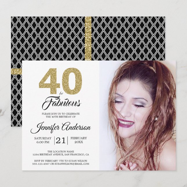 Guld Glitter 40 och Fabulous 40:e födelsedagsfoto Inbjudningar (Fram/baksida)