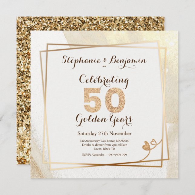 Guld Glitter 50-årsdag för bröllop Text Elegant Inbjudningar (Fram/baksida)