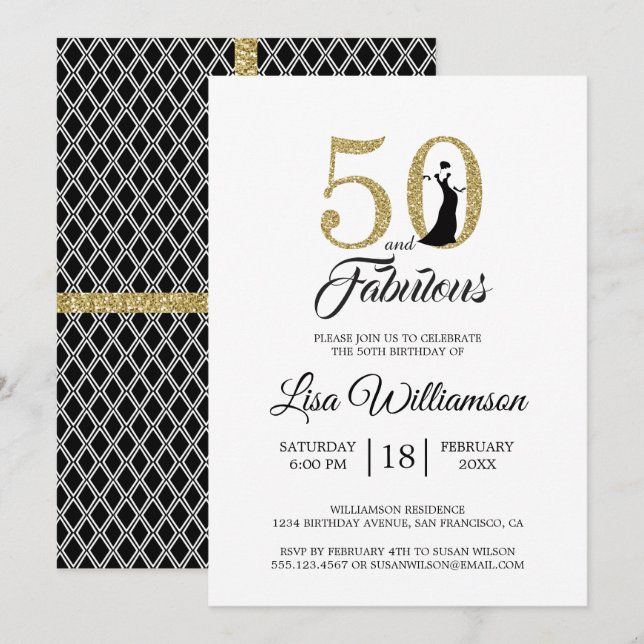 Guld Glitter 50 Fabulous | 50:e Födelsedagsfesten Inbjudningar (Fram/baksida)