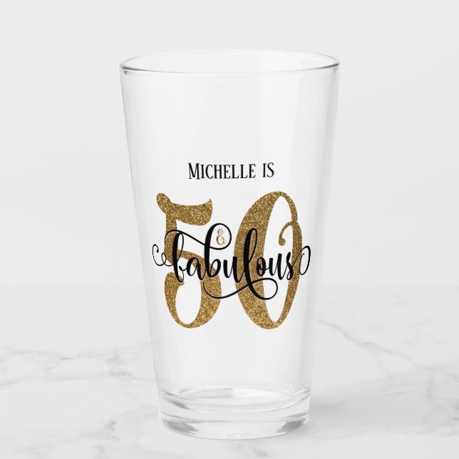Guld Glitter 50 & Fabulous Birthday med Namn Glaskopp (Framsida)