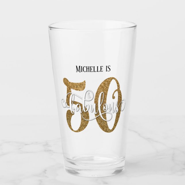 Guld Glitter 50 & Fabulous Birthday med Namn Glaskopp (Framsida)