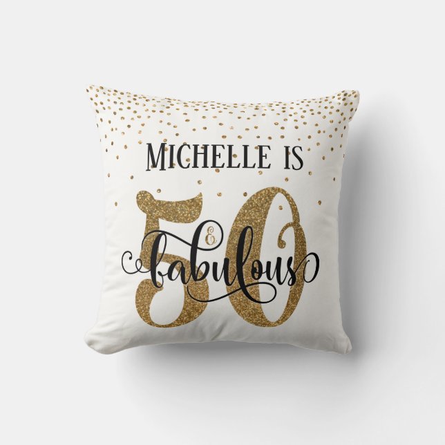 Guld Glitter 50 & Fabulous Birthday on White Kudde (Framsida)