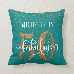 Guld Glitter 50 & Fabulous Birthday på Teal Kudde