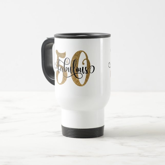 Guld Glitter 50 & Fabulous Birthday Typography Resemugg (Framsida vänster)