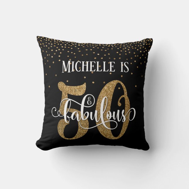 Guld Glitter 50 & Fabulous Typography Birthday Kudde (Framsida)