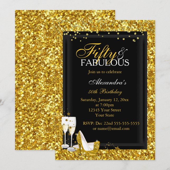Guld Glitter 50 Fantastisk Födelsedags champagnefe Inbjudningar (Fram/baksida)