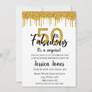 Guld Glitter 50 och Fabulous 50 Surprise Party Inbjudningar
