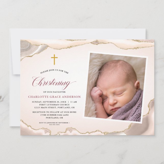 Guld Glitter Agate Script Photo Girl Christening Inbjudningar (Framsida)