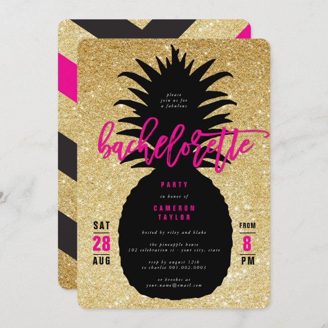 Guld-Glitter-ananas Bachelorette-partiet Inbjudan (Fram/baksida)