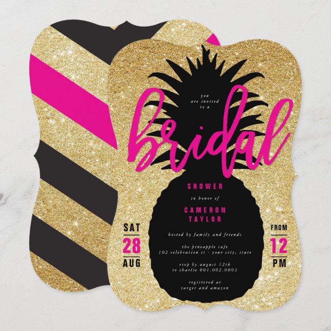 Guld Glitter Ananas Chic Bröllopsfest Inbjudan (Fram/baksida)