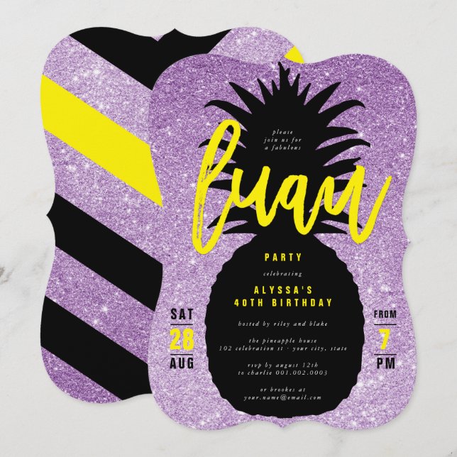 Guld Glitter Ananas Luau Födelsedagsfest Inbjudan (Fram/baksida)