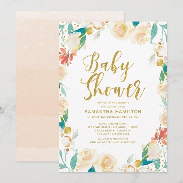 Guld Glitter Aprikos Blommig Flick Baby Shower Inbjudningar (Fram/baksida)