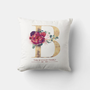 Guld Glitter B Monogram Blommigt Burgundy Red Kudde