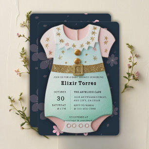 Guld Glitter Babykläder Blommig Baby Shower Inbjudningar