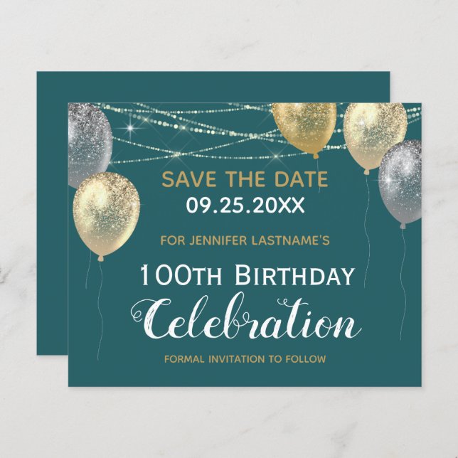 Guld Glitter Ballonger 100-årsdag Spara datumet (Fram/baksida)