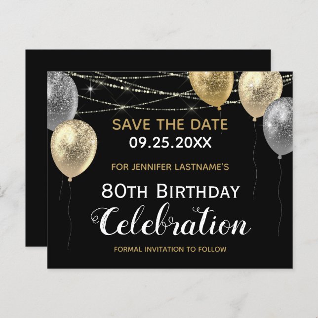 Guld Glitter Ballonger 80-årsdag Save the Date (Fram/baksida)