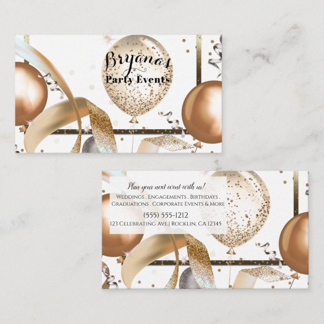 Guld Glitter Ballonger Vita Party Evenemangsplaner Visitkort (Fram/baksida)