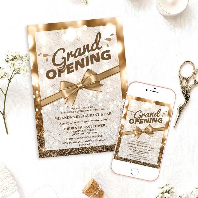 Guld Glitter Bandskärning Grand Opening Inbjudningar (Skapare uppladdad)