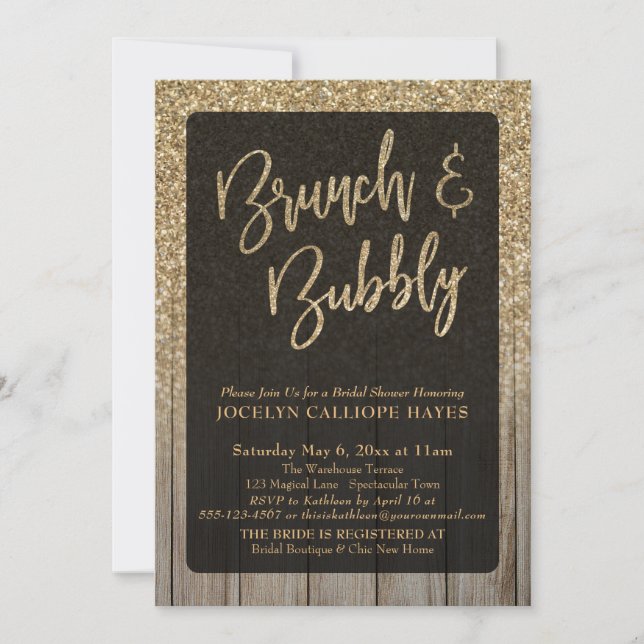 Guld Glitter Barn Wood Brunch & Bubly Inbjudningar (Framsida)