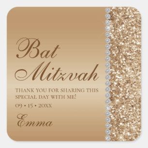 Guld Glitter Bat Mitzvah Fyrkantigt Klistermärke