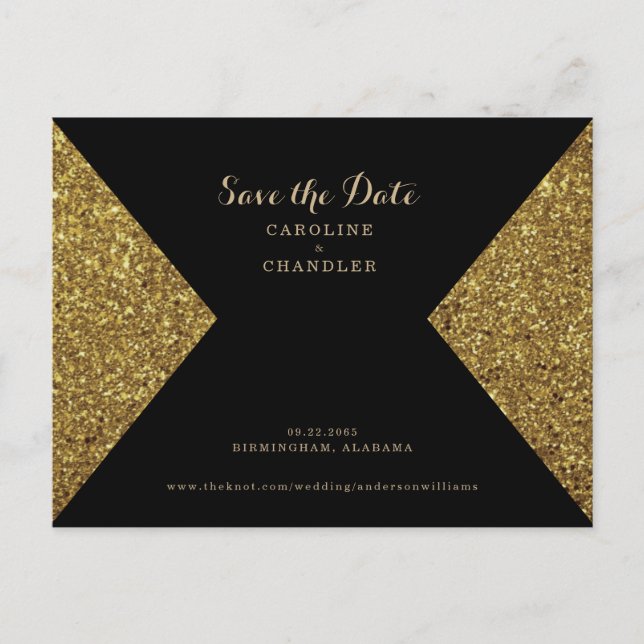 Guld Glitter Bild & Svart Glam Spara Datum Vykort (Framsida)
