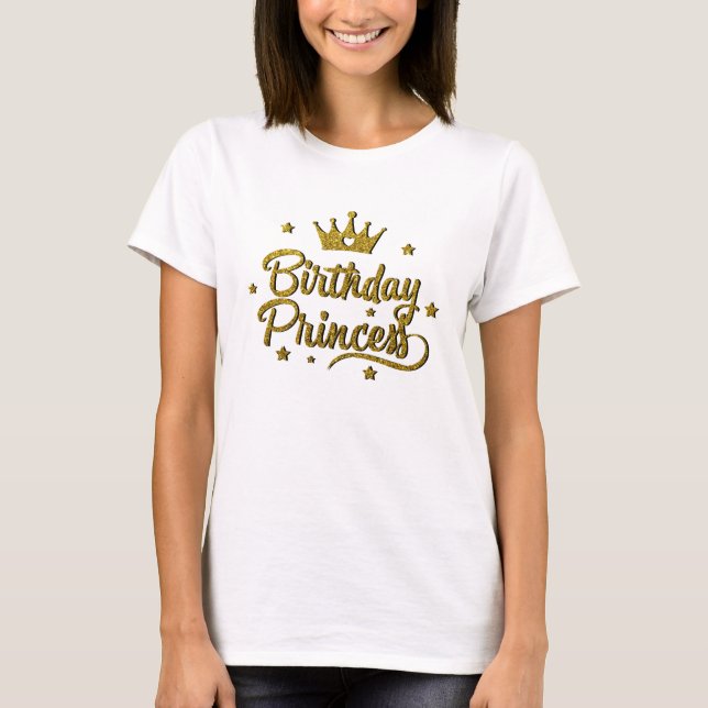 Guld Glitter Birthday Princess T Shirt (Framsida)