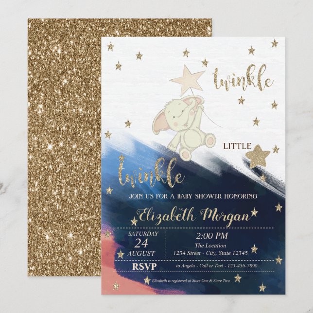 Guld Glitter Björn Bebis Bjudning Funkar Lilla Stj Inbjudningar (Fram/baksida)