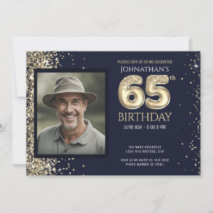 Guld Glitter Blå Foto 65-årsfest justera Inbjudningar