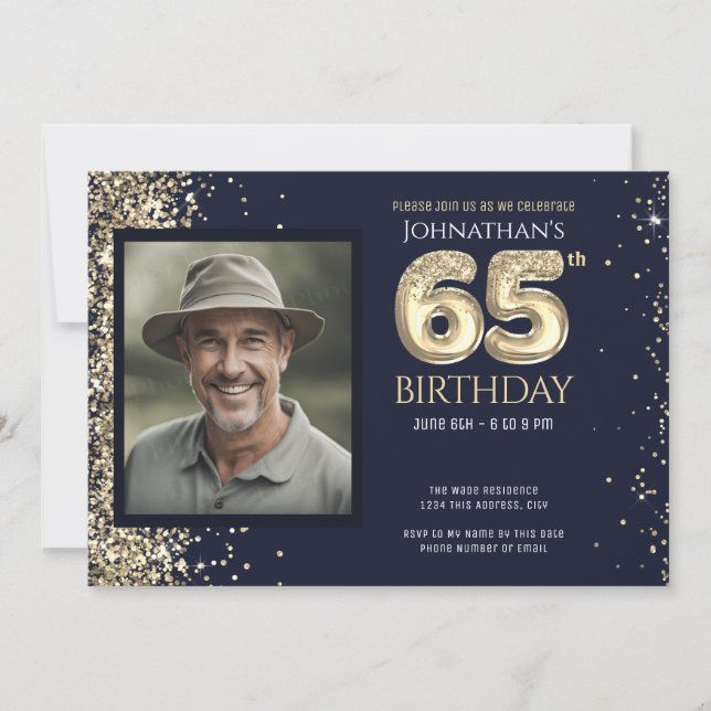 Guld Glitter Blå Foto 65-årsfest justera Inbjudningar (Framsida)