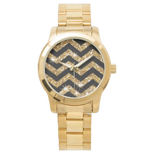 Guld Glitter & Black Chevron, klassiskt utseende Armbandsur (Framsida)