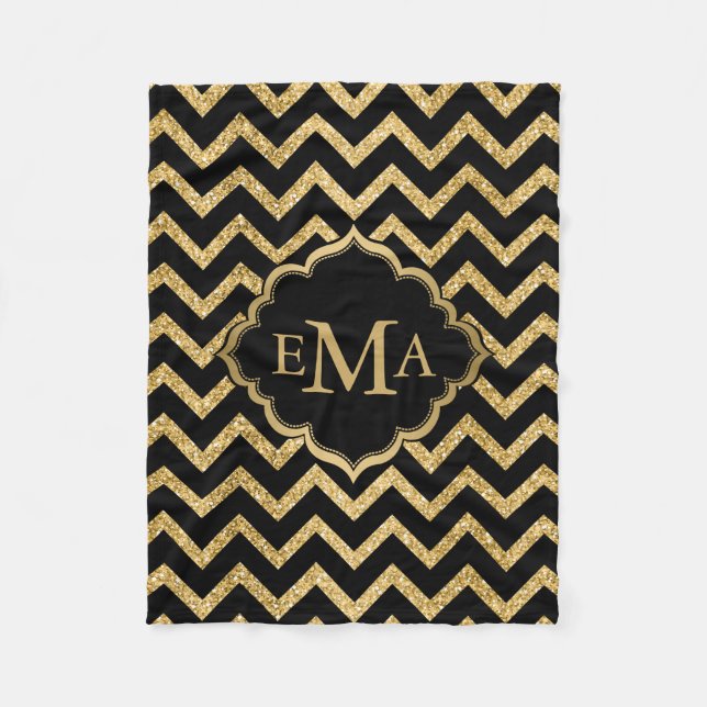 Guld Glitter Black Chevron Zigzag Mönster Monogram Fleecefilt (Framsidan)