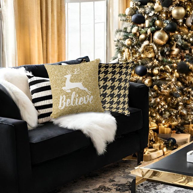 Guld Glitter & Black Houndstooth Reindeer Kudde (Skapare uppladdad)