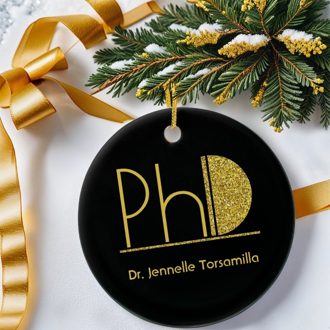 Guld Glitter Black PhD Studenten Julgransprydnad Keramik (Gift this PhD keepsake ornament to your graduate.)