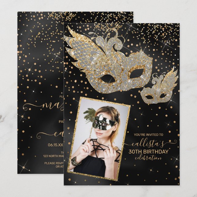 Guld Glitter Black Silke Masquerad Birthday Photo Inbjudningar (Fram/baksida)