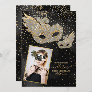Guld Glitter Black Silke Masquerad Birthday Photo Inbjudningar
