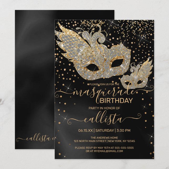Guld Glitter Black Silke Masqueraf Birthday Invita Inbjudningar (Fram/baksida)