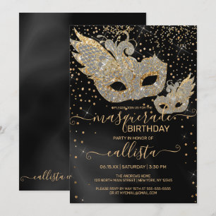 Guld Glitter Black Silke Masqueraf Birthday Invita Inbjudningar