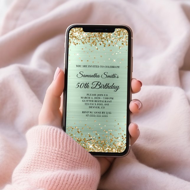 Guld Glitter Blek Mint Foil 50:e födelsedagen Inbjudningar (Gold Glitter Pale Mint Foil 50th Birthday Invitation)